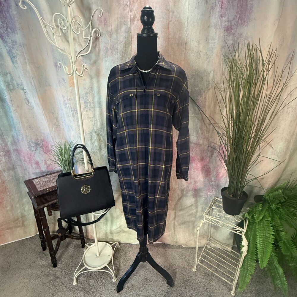 VTG 📌Liz Claiborne Plaid Rayon Petit Dress with Pockets, Collar & Long Sleeves